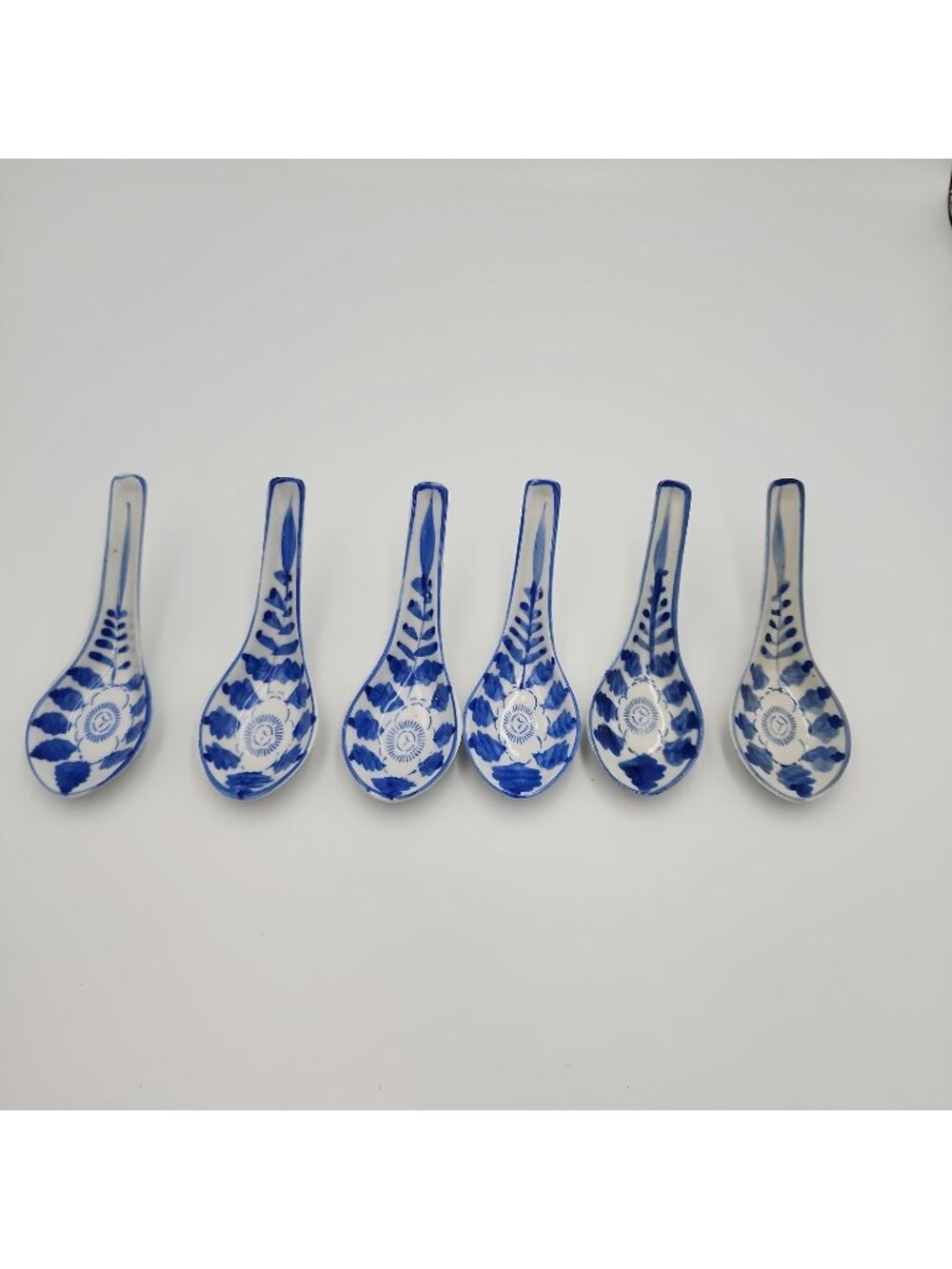 Antique Chinese Porcelain Soup Spoons Set of 6 White w/Blue Flower Hand Painted